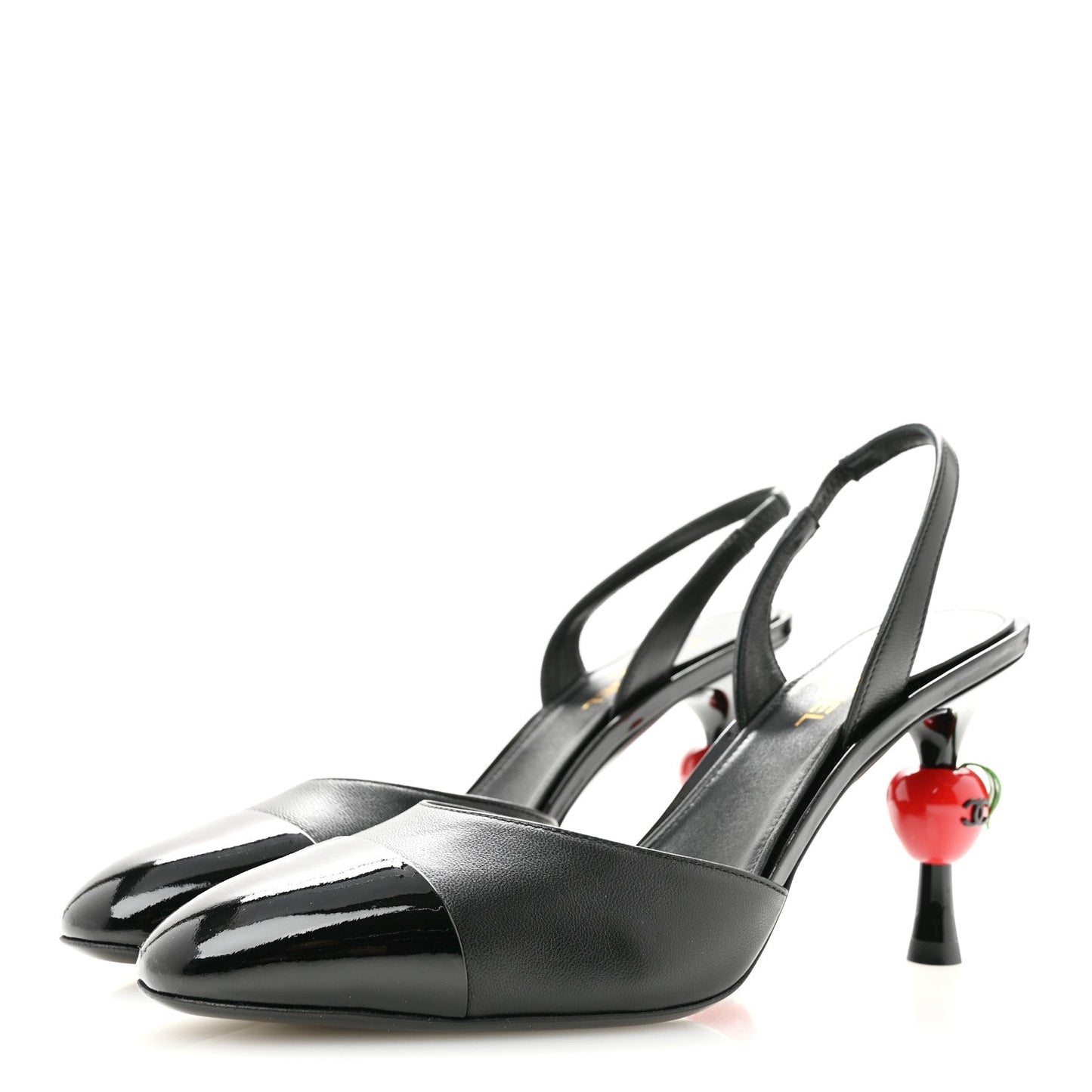 Lambskin Patent Calfskin Cap Toe CC Apple Slingback Pumps 38.5 Black