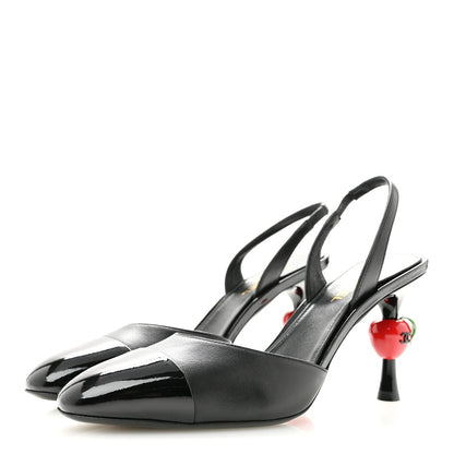 Lambskin Patent Calfskin Cap Toe CC Apple Slingback Pumps 38.5 Black