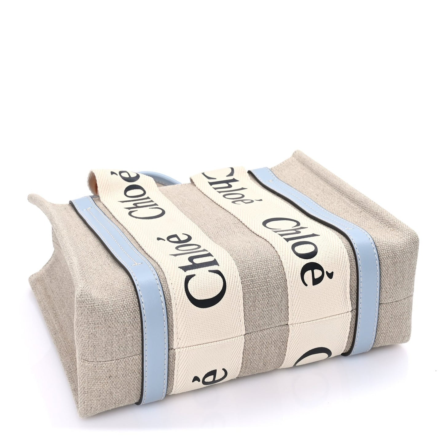 Cotton Calfskin Small Woody Ribbon Tote With Strap Light Blue