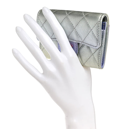 Gradient Metallic Calfskin Quilted Flap Card Holder Wallet Silver Blue Yellow Purple