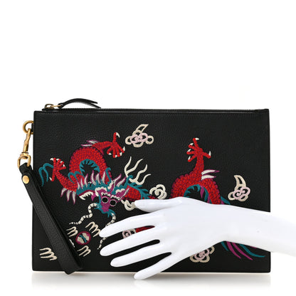 Calfskin Chinese Dragon Embroidered Zip Wristlet Pouch Multicolor Black