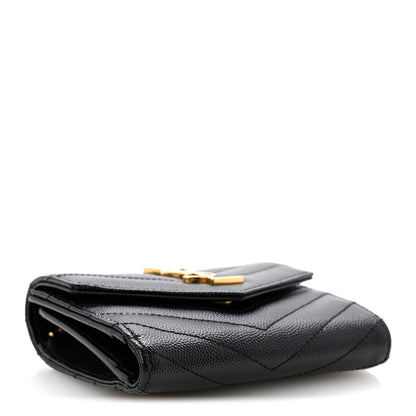 Grain De Poudre Matelasse Chevron Monogram Compact Tri Fold Wallet Black