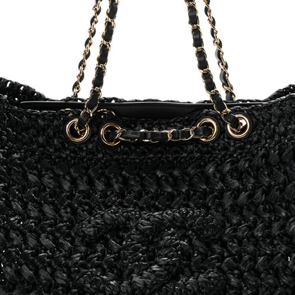 Raffia Effect Calfskin Coco Beach Shopping Tote Black