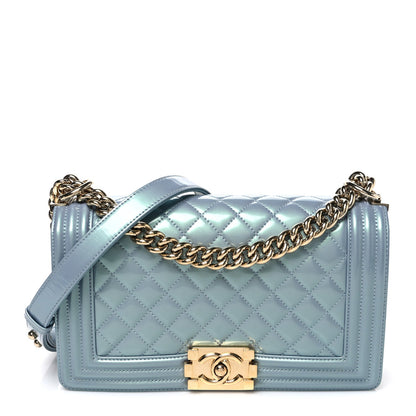 Iridescent Patent Calfskin Quilted Medium Boy Flap Light Blue
