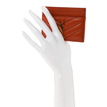 Lambskin Matelasse Chevron Monogram Credit Card Case Dark Mandarin