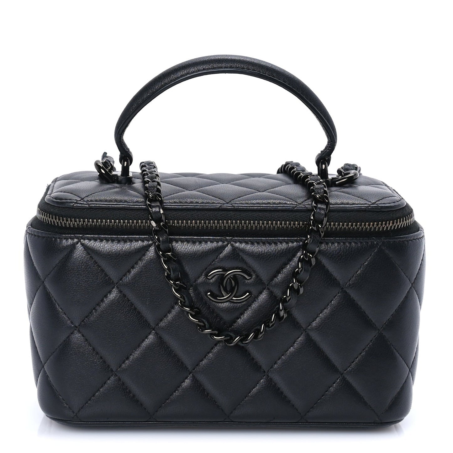 Lambskin Quilted Small Top Handle Vanity Case With Chain So Black