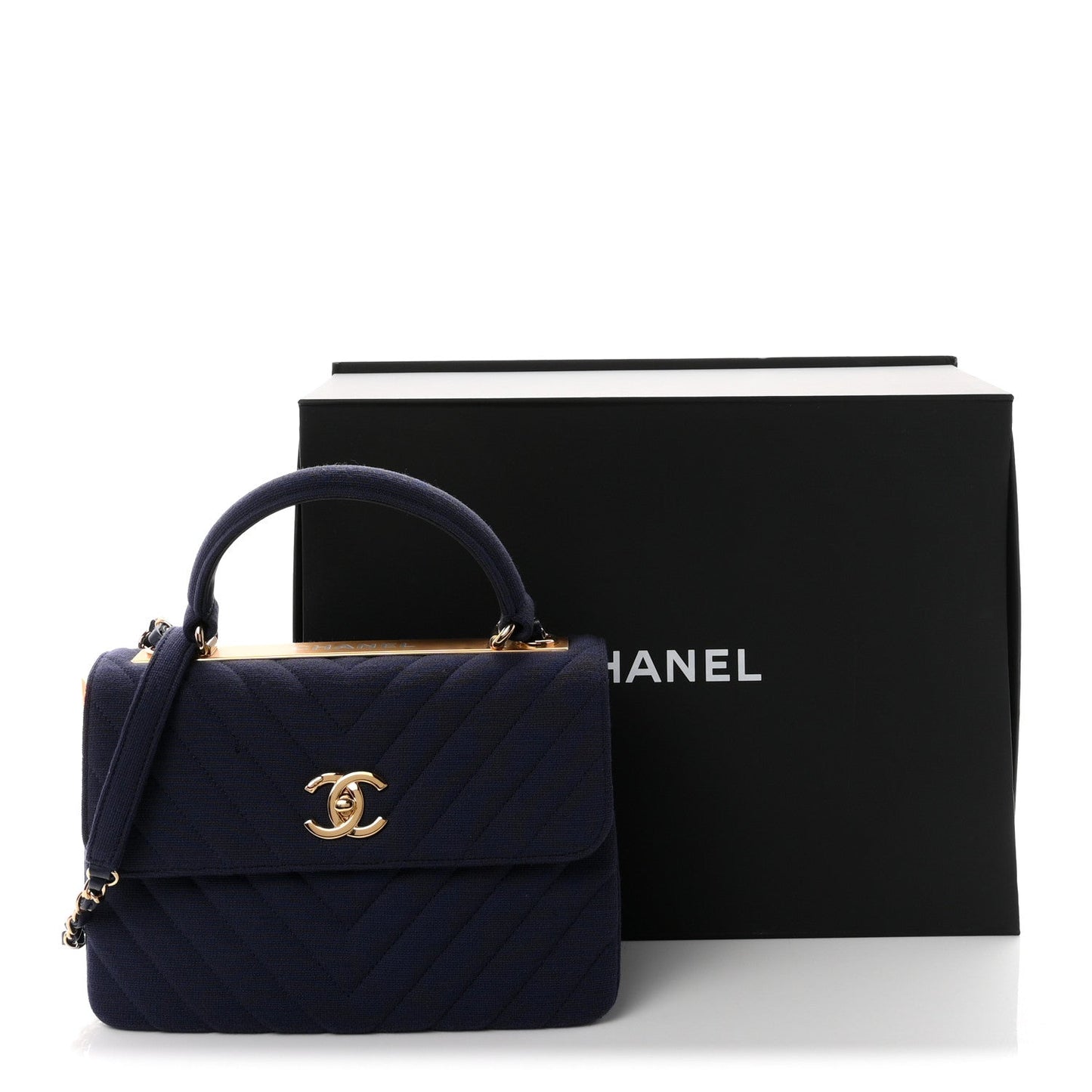 Jersey Chevron Quilted Small Trendy CC Dual Handle Flap Bag Navy Blue