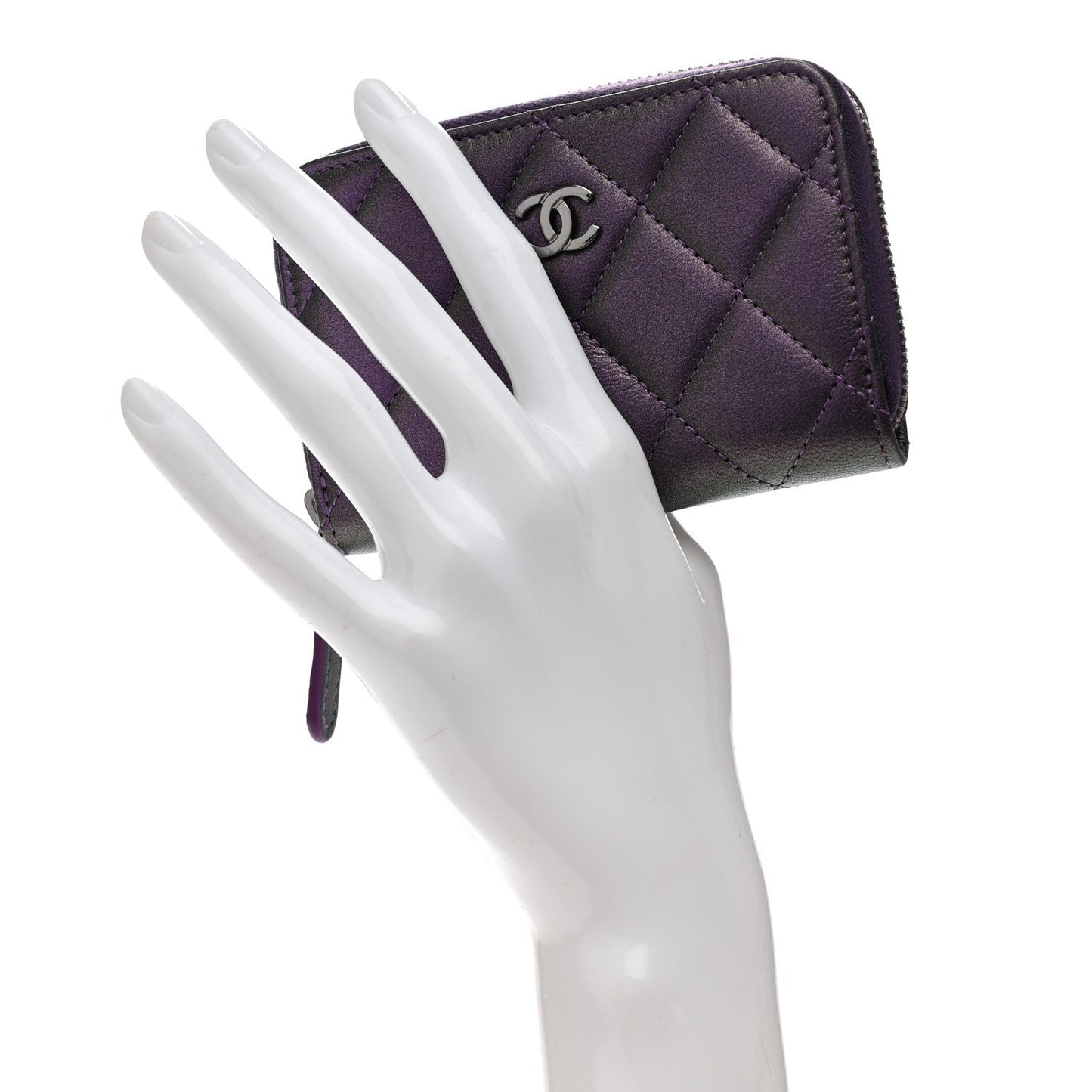Metallic Lambskin Quilted Zip Around Coin Purse Wallet Dark Purple