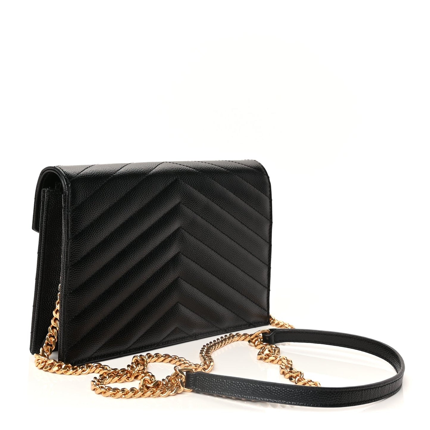 Grain De Poudre Matelasse Chevron Monogram Envelope Chain Wallet Black