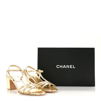 Metallic Lambskin CC Strappy Sandals 38 Gold