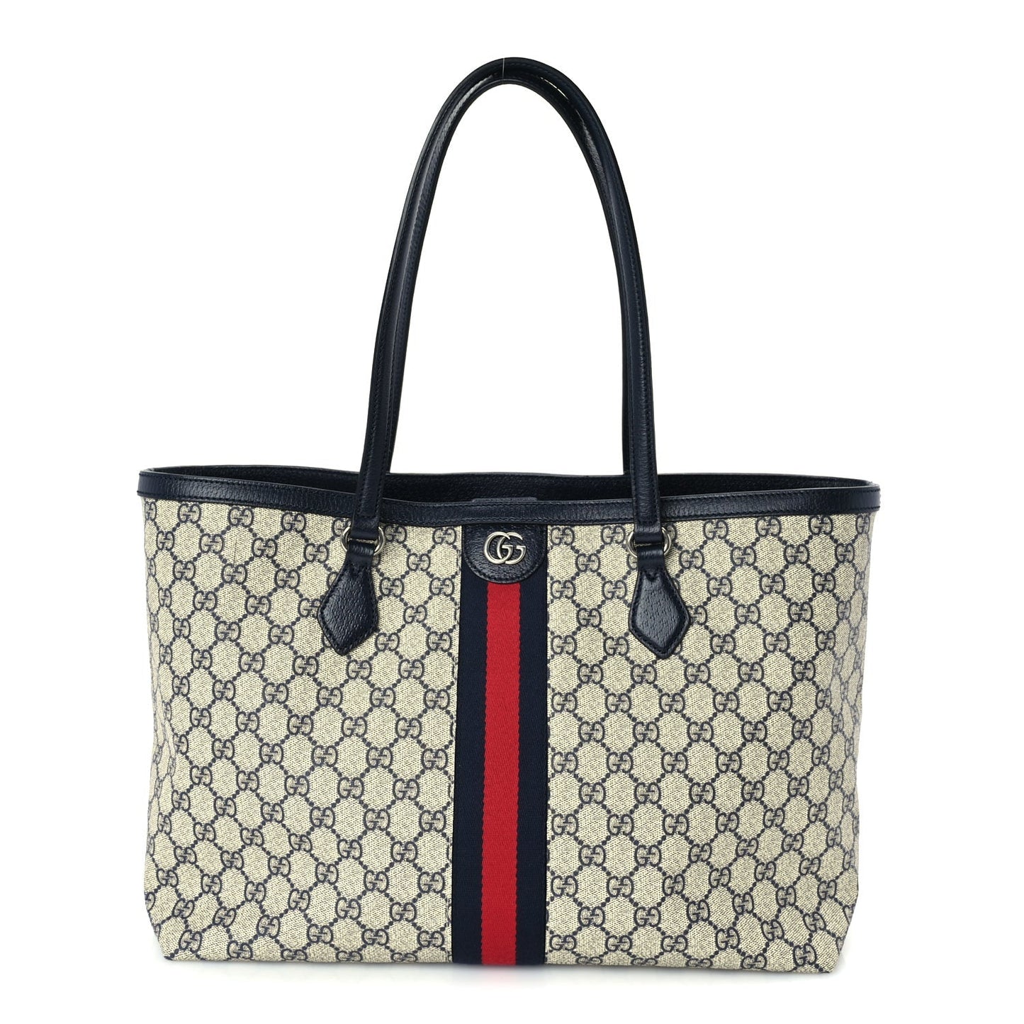 GG Supreme Monogram Textured Calfskin Web Medium Ophidia Shopping Tote Beige Blue