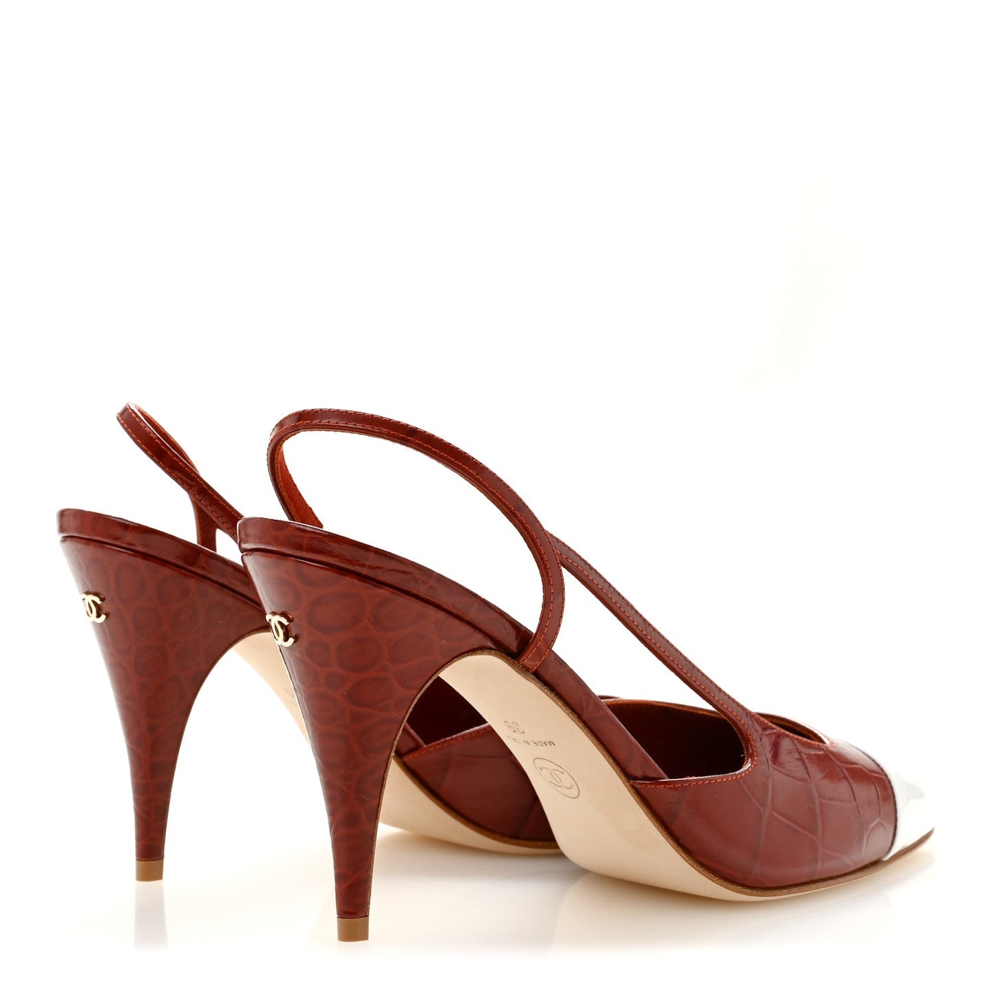 Calfskin Crocodile Embossed Patent Cap Toe Slingback Pumps 39 Dark Red White