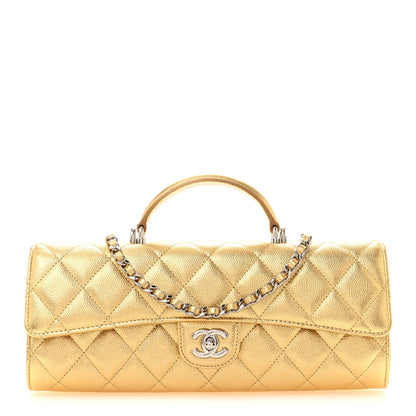 Metallic Caviar Quilted Top Handle Long Clutch With Chain Gold