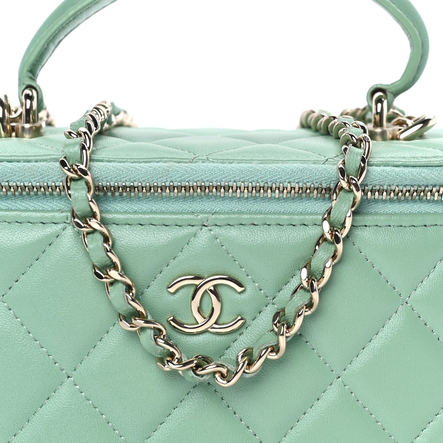 Lambskin Quilted Small Top Handle Vanity Case With Chain Light Green Light Green