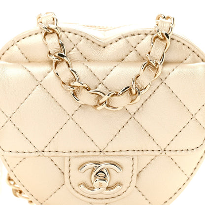 Metallic Lambskin Quilted CC In Love Heart Waist Belt Bag With Chain Gold