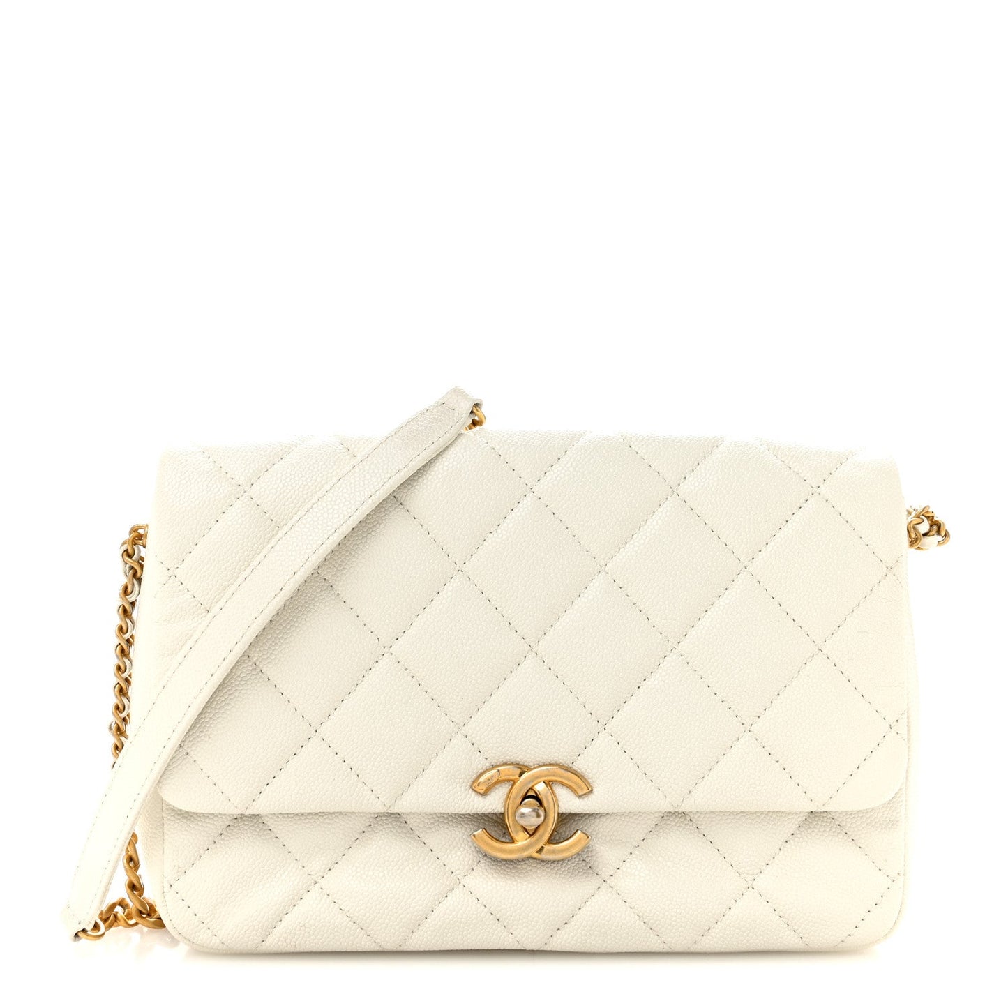 Shiny Caviar Quilted Large Chain Melody Flap White