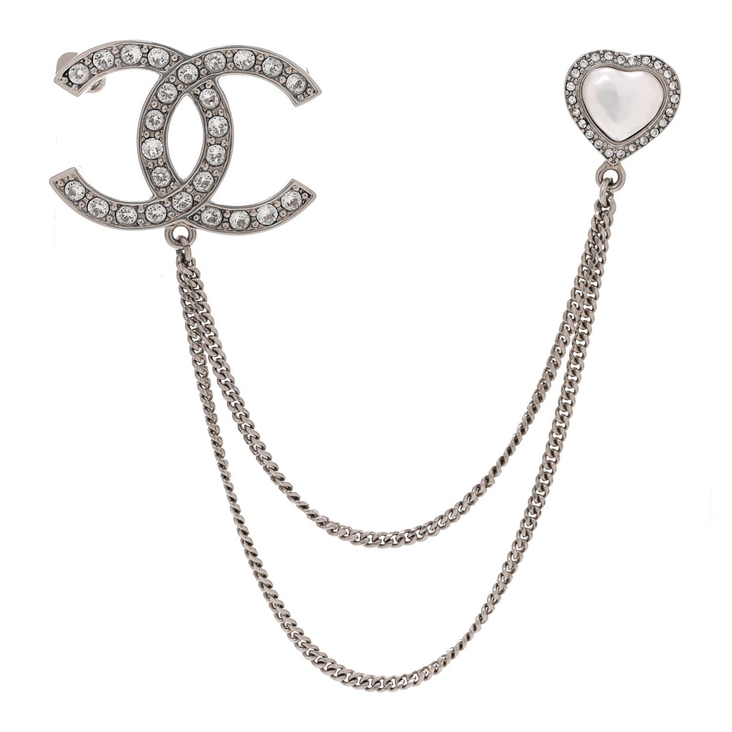 Diamente Pearl Multi Strand Chain CC Heart Brooch Silver Pearly White