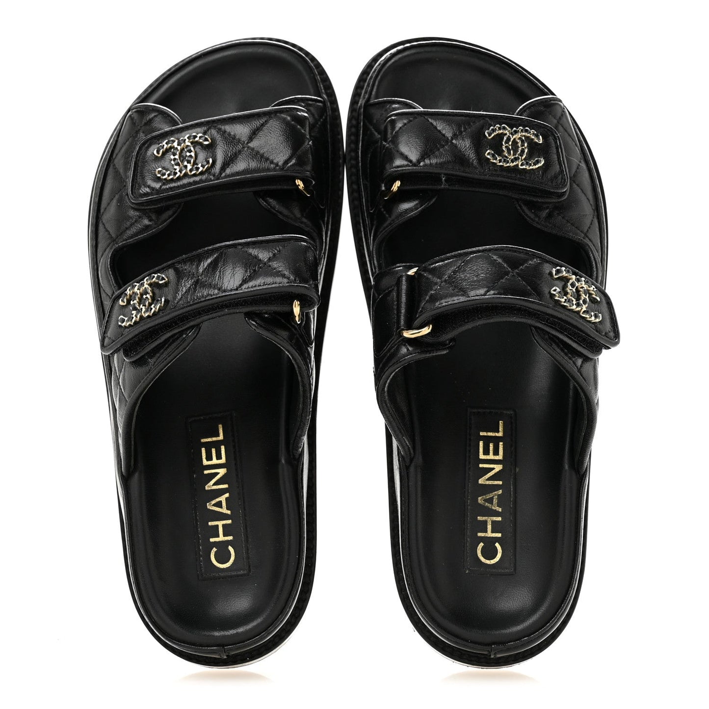 Lambskin Quilted Velcro Dad Chain CC Slide Sandals 36 Black