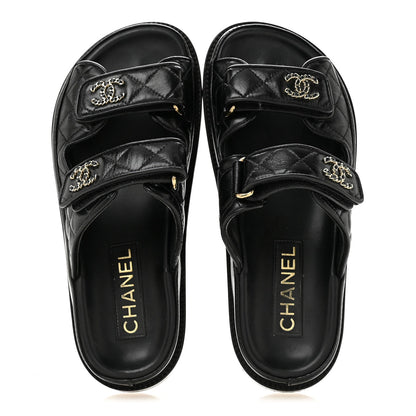 Lambskin Quilted Velcro Dad Chain CC Slide Sandals 36 Black