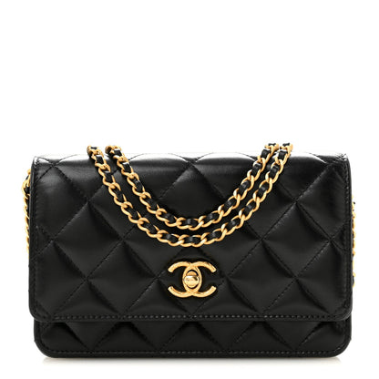 Lambskin Quilted Logo WOC Wallet On Chain Black
