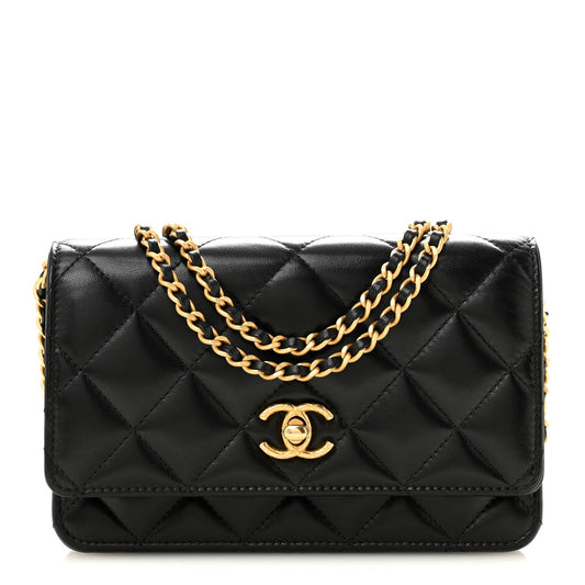 Lambskin Quilted Logo WOC Wallet On Chain Black
