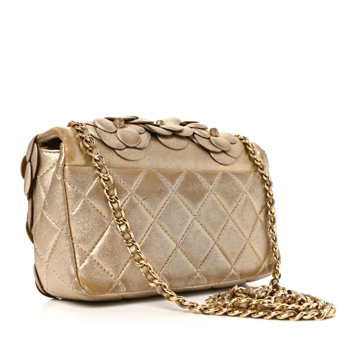 Metallic Lambskin Quilted Mini Camellia Flap Gold