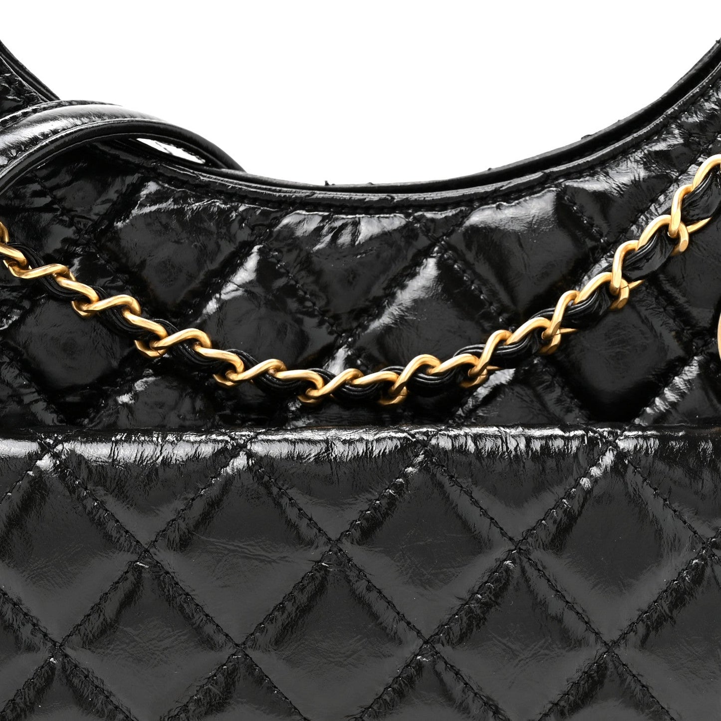 Shiny Crumpled Calfskin Quilted Wavy CC Hobo Black