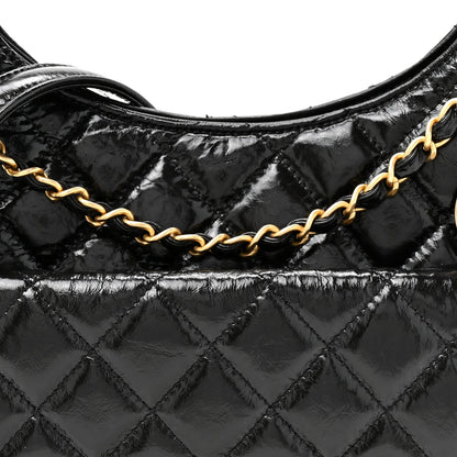 Shiny Crumpled Calfskin Quilted Wavy CC Hobo Black