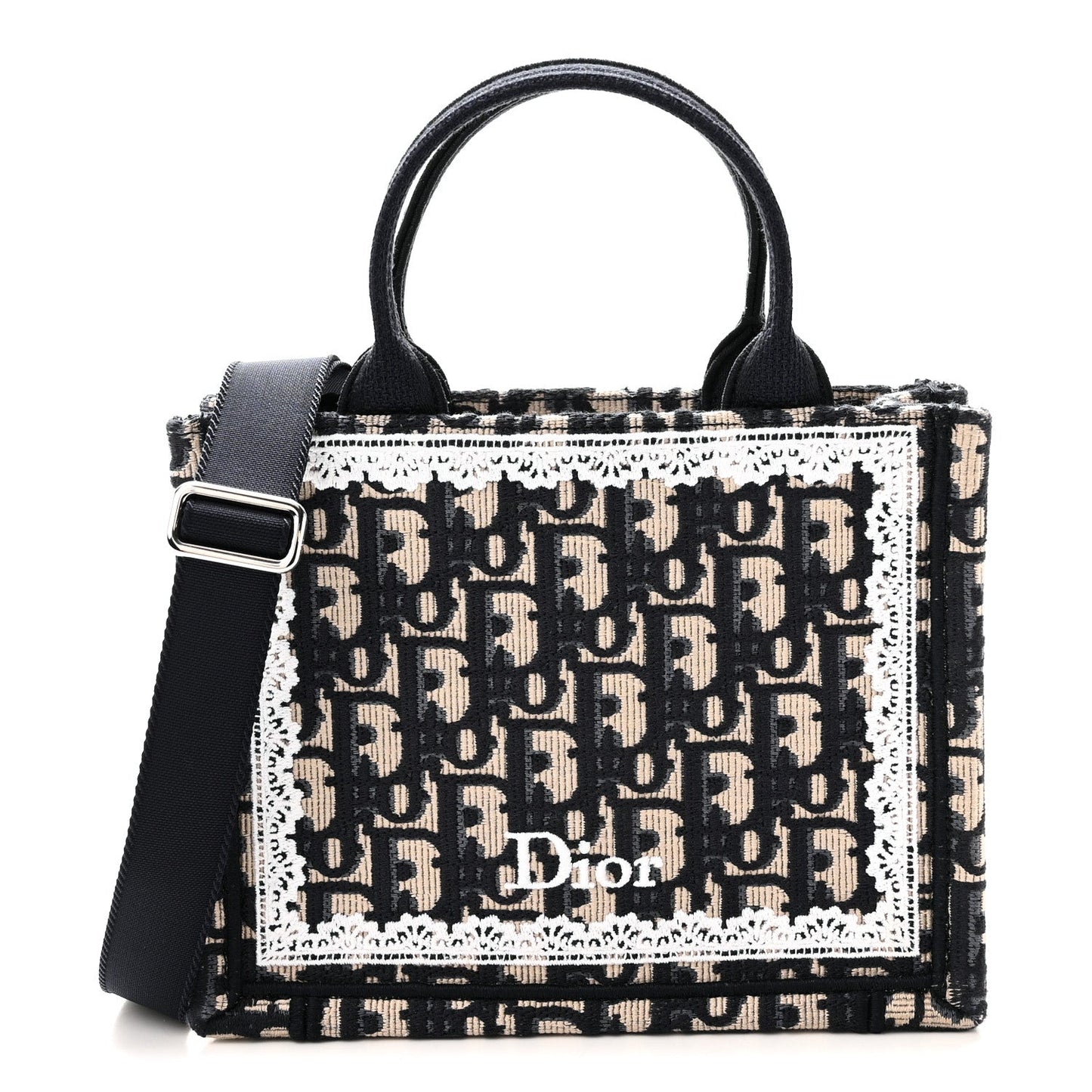 Oblique Embroidered Lace Mini Book Tote With Strap Blue White