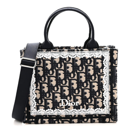 Oblique Embroidered Lace Mini Book Tote With Strap Blue White