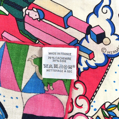 Cashmere Silk L'Epopee D'Hermes Shawl 140  White Rose Vif Bleu Royal