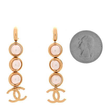 Metal Pearl CC Logo Drop Earrings White Gold