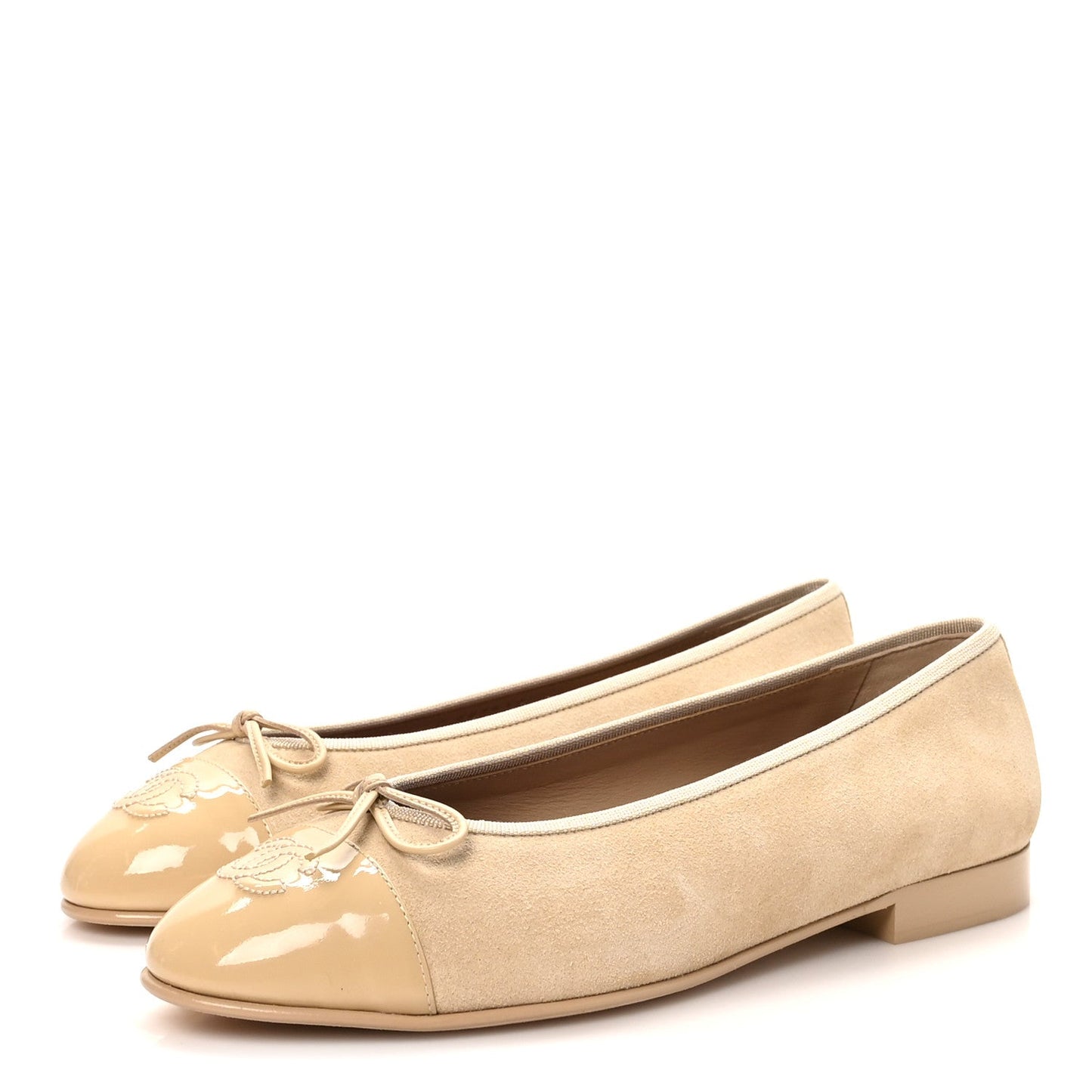 Suede Patent Calfskin Cap Toe CC Ballerina Flats 39.5 Beige