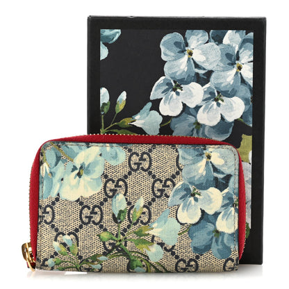GG Supreme Monogram Blooms Zip Around Card Case Wallet Beige Blue Navy Hibiscus Red Beige Blue Navy Hibiscus Red