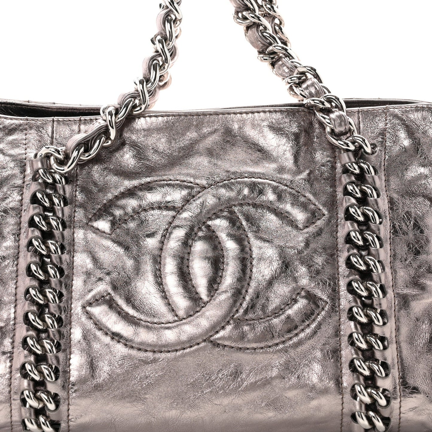 Metallic Cracked Calfskin Modern Chain Tote Dark Silver