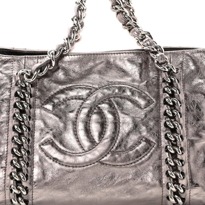 Metallic Cracked Calfskin Modern Chain Tote Dark Silver