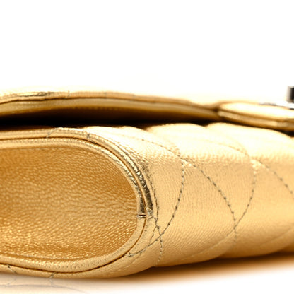 Metallic Caviar Quilted Top Handle Long Clutch With Chain Gold
