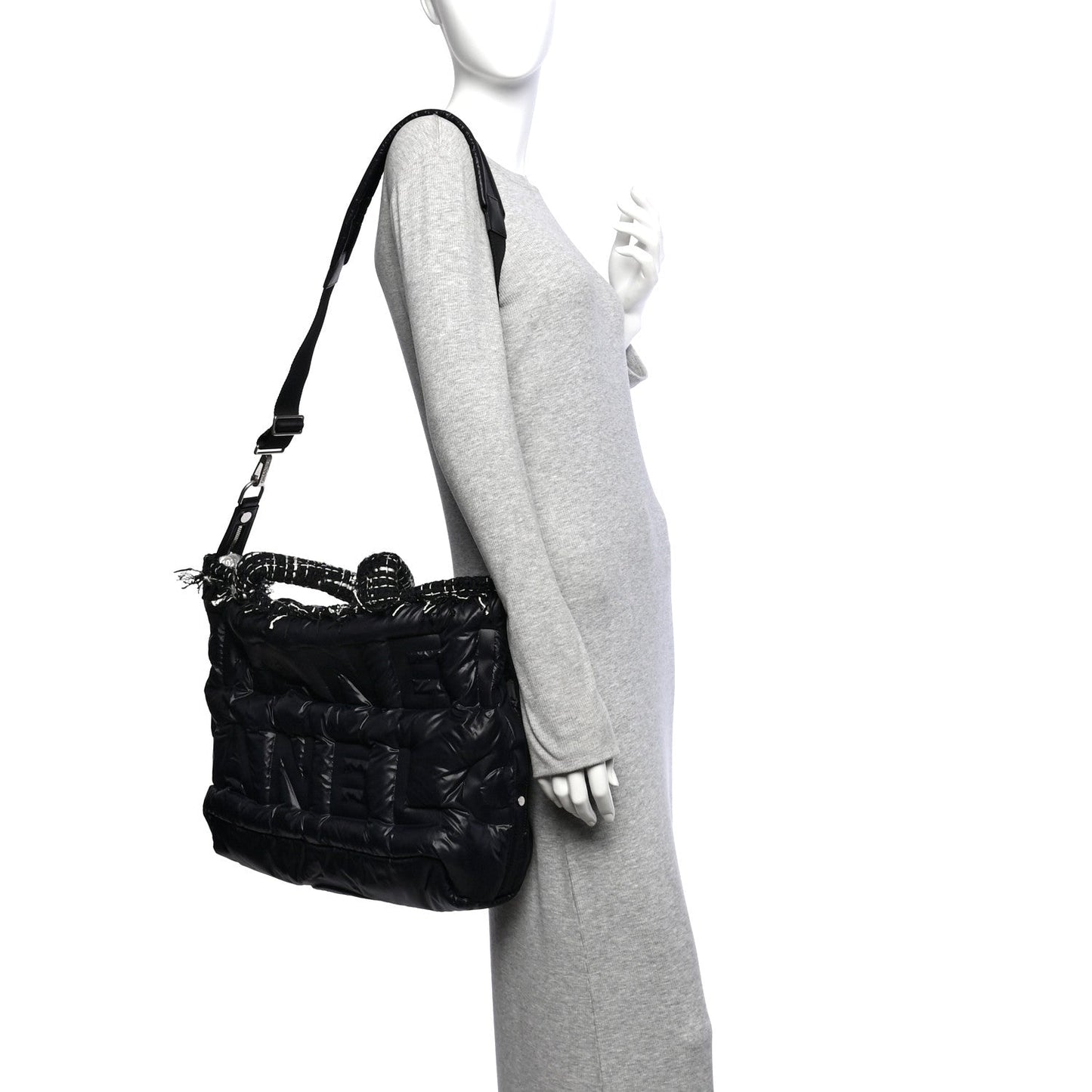 Tweed Nylon Embossed Large Doudoune Bowling Bag Black