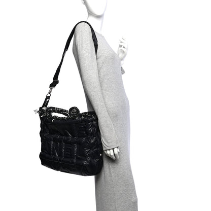 Tweed Nylon Embossed Large Doudoune Bowling Bag Black