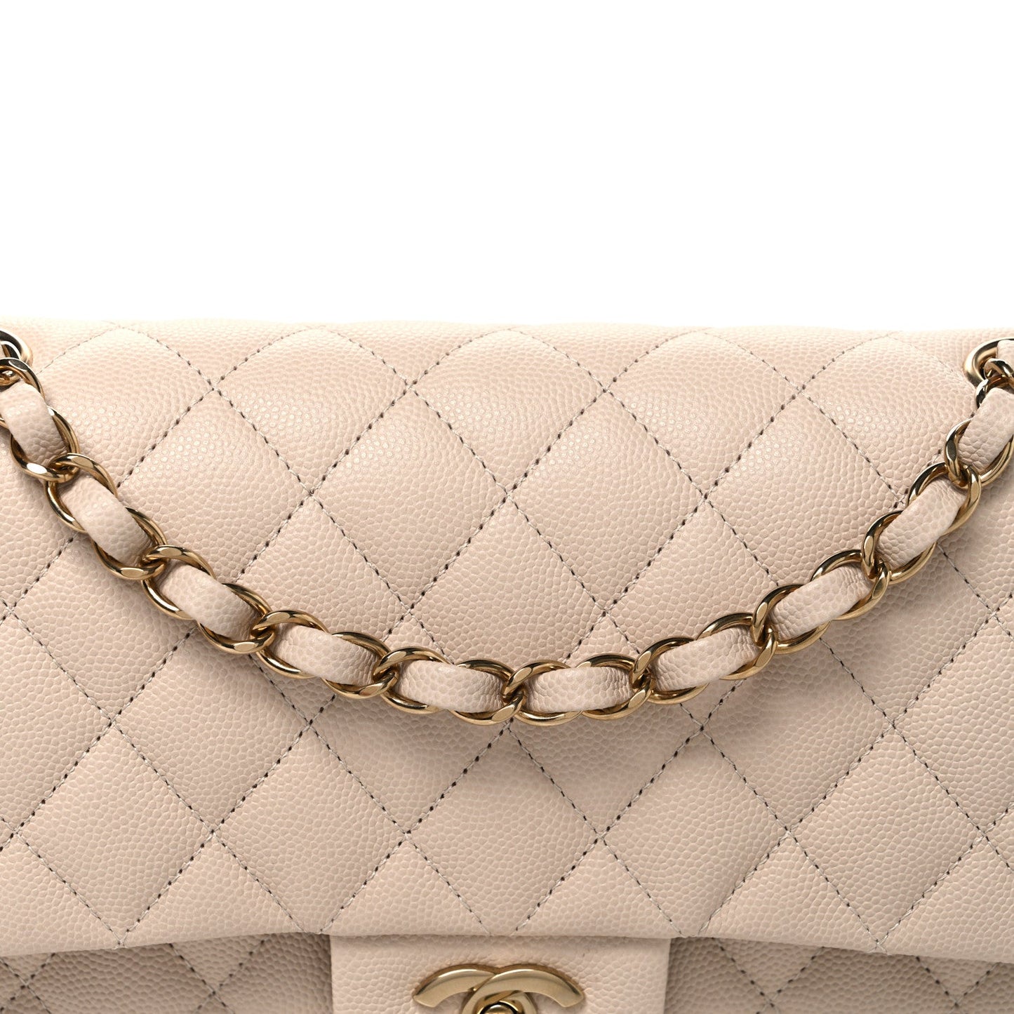 Caviar Quilted Medium Double Flap Ecru