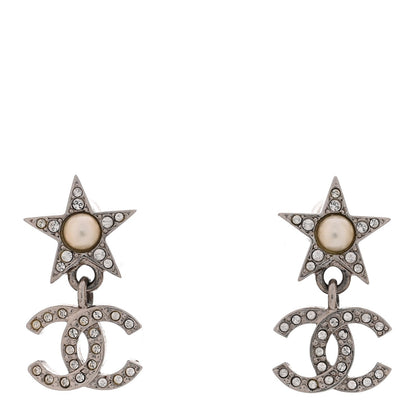 Crystal CC Pearl Star Drop Earrings Silver