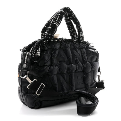 Tweed Nylon Embossed Large Doudoune Bowling Bag Black