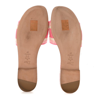 Canvas Toile de Jouy Embroidered Dway Flat Slide Sandals 37 Off White Pink
