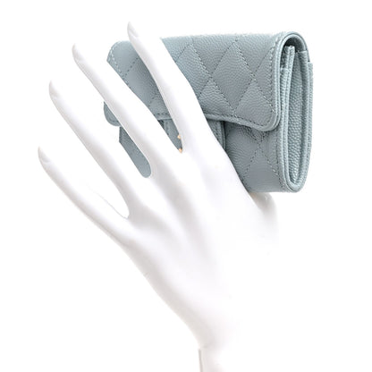 Caviar Quilted Flap Card Holder Wallet Light Blue