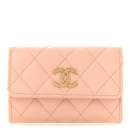 Caviar Quilted Crystal CC Flap Card Holder Pink