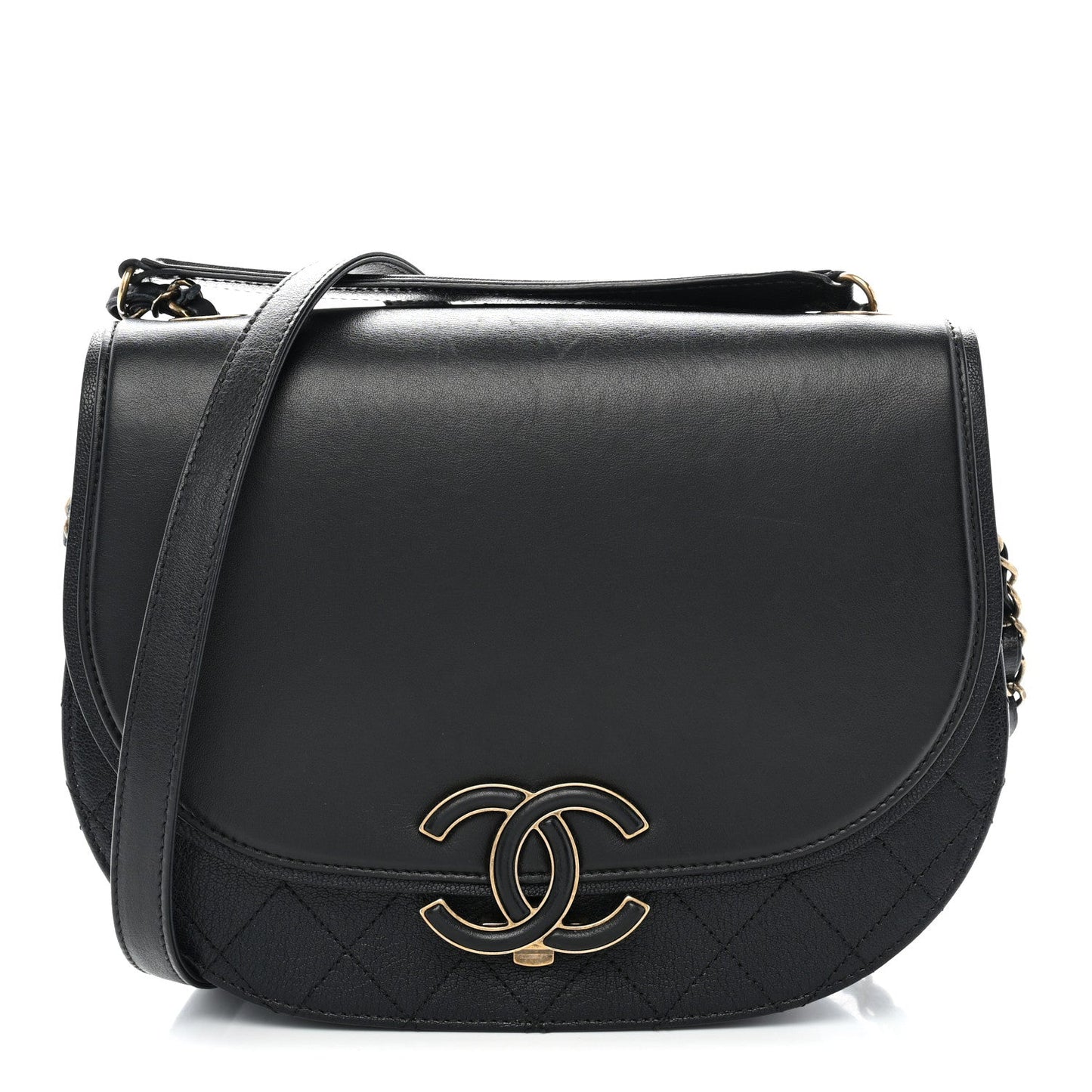 Shiny Calfskin Goatskin Quilted Medium Coco Curve Messenger Flap Black