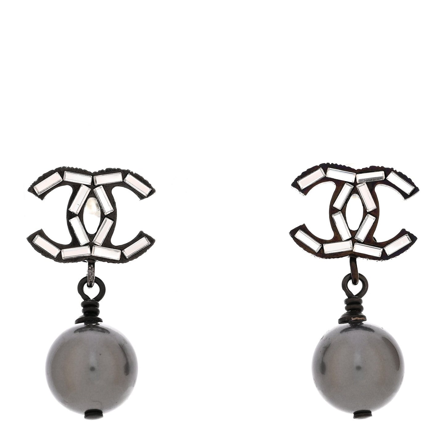 Ruthenium Pearl Crystal Baguette CC Drop Earrings Silver Grey