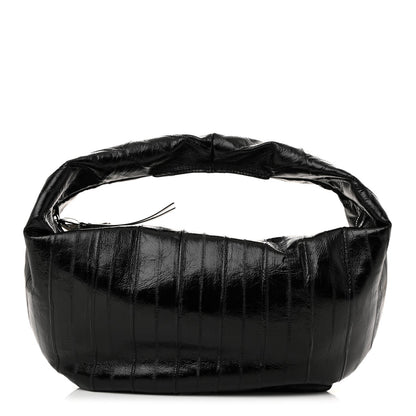 Glossy Calfskin Eelskin Embossed Medium Olivia Hobo Black