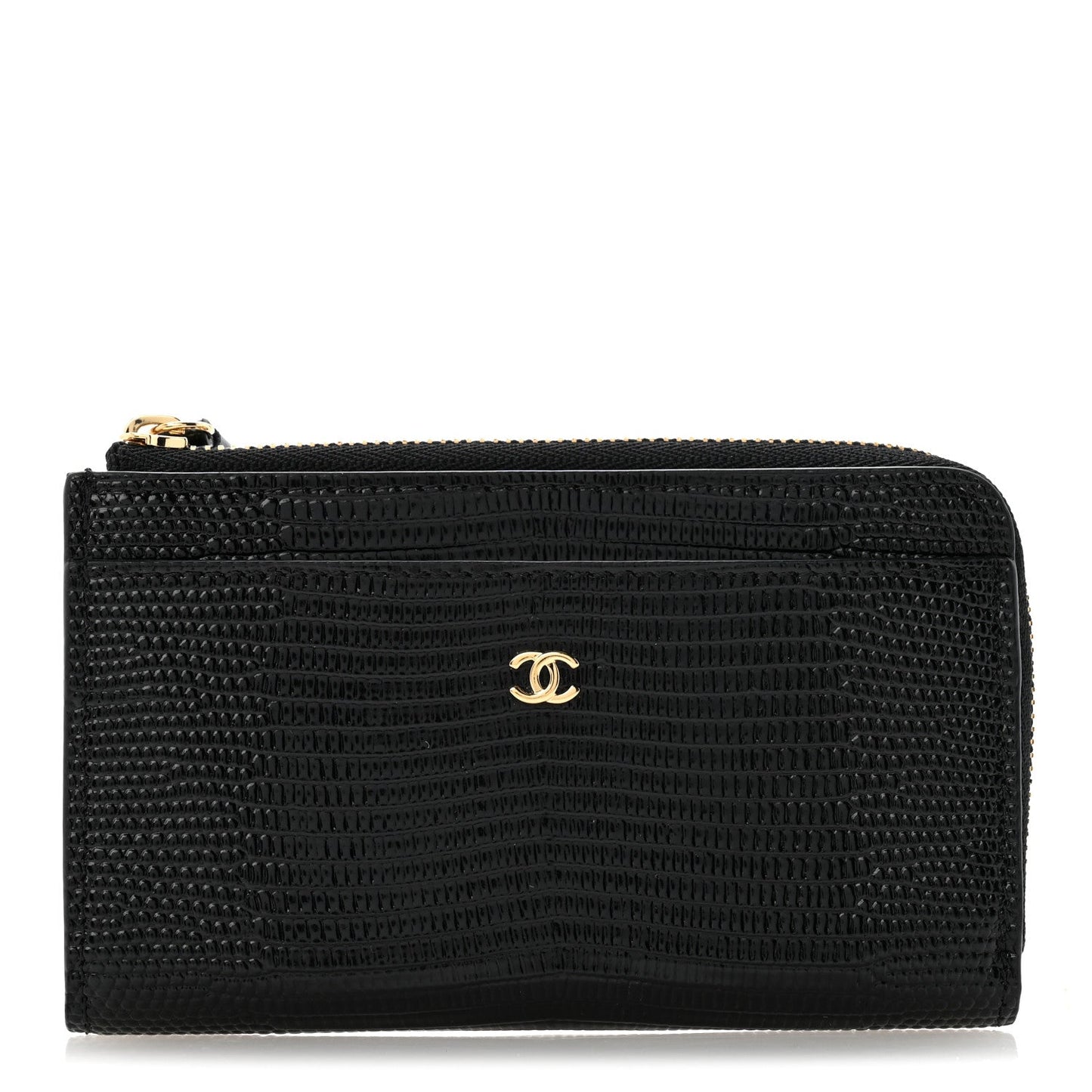 Calfskin Lizard Embossed Zip Card Holder Black