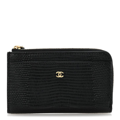 Calfskin Lizard Embossed Zip Card Holder Black